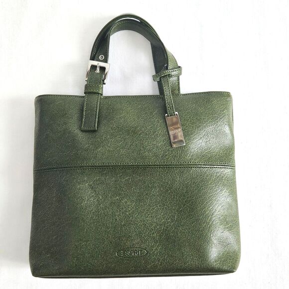 VTG ESPRIT Small Hand Tote Satchel Army Green Faux Leather Silver - Picture 2 of 9